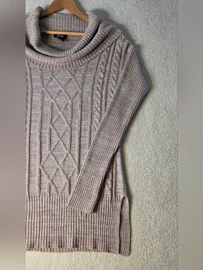 Y2K Deb Beige Cable Knit Cowl Neck‎ Long Sweater Side Slits Nordic Neutral L